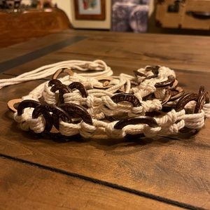 Cream Macrame Belt w/ Brown Hoops